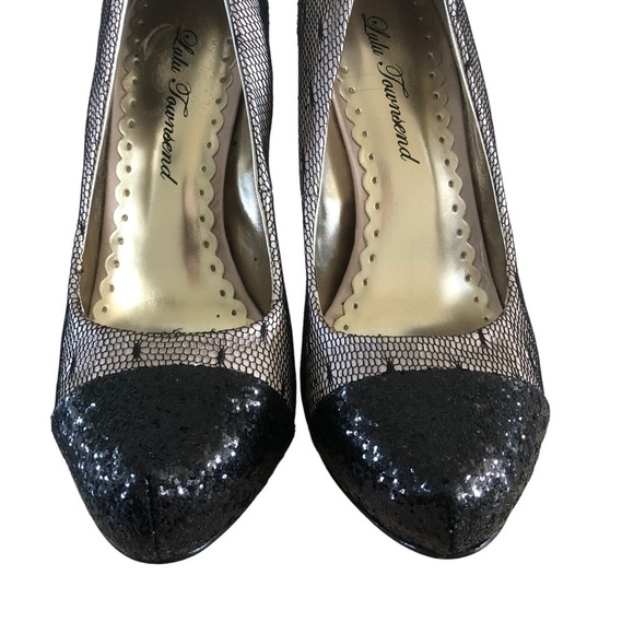 Lulu Townsend Black & Beige Mesh Glitter Stiletto Heels 6 - Picture 4 of 6